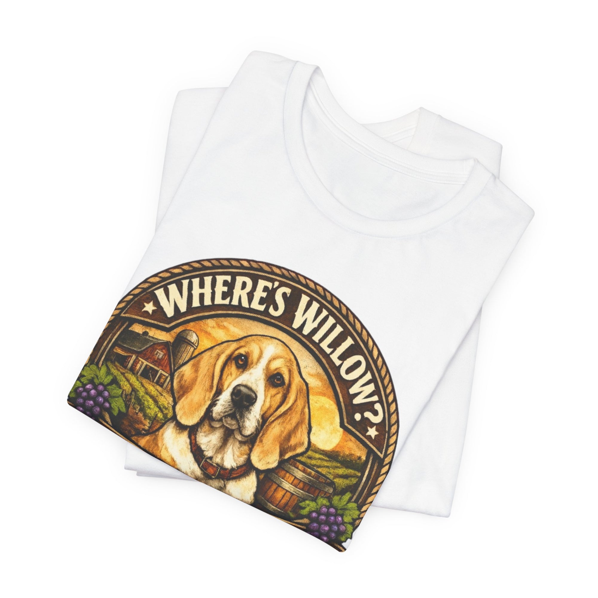Willow Dog Winery T‑Shirt — "Where's Willow?" Harvest Moon Vineyard Tee