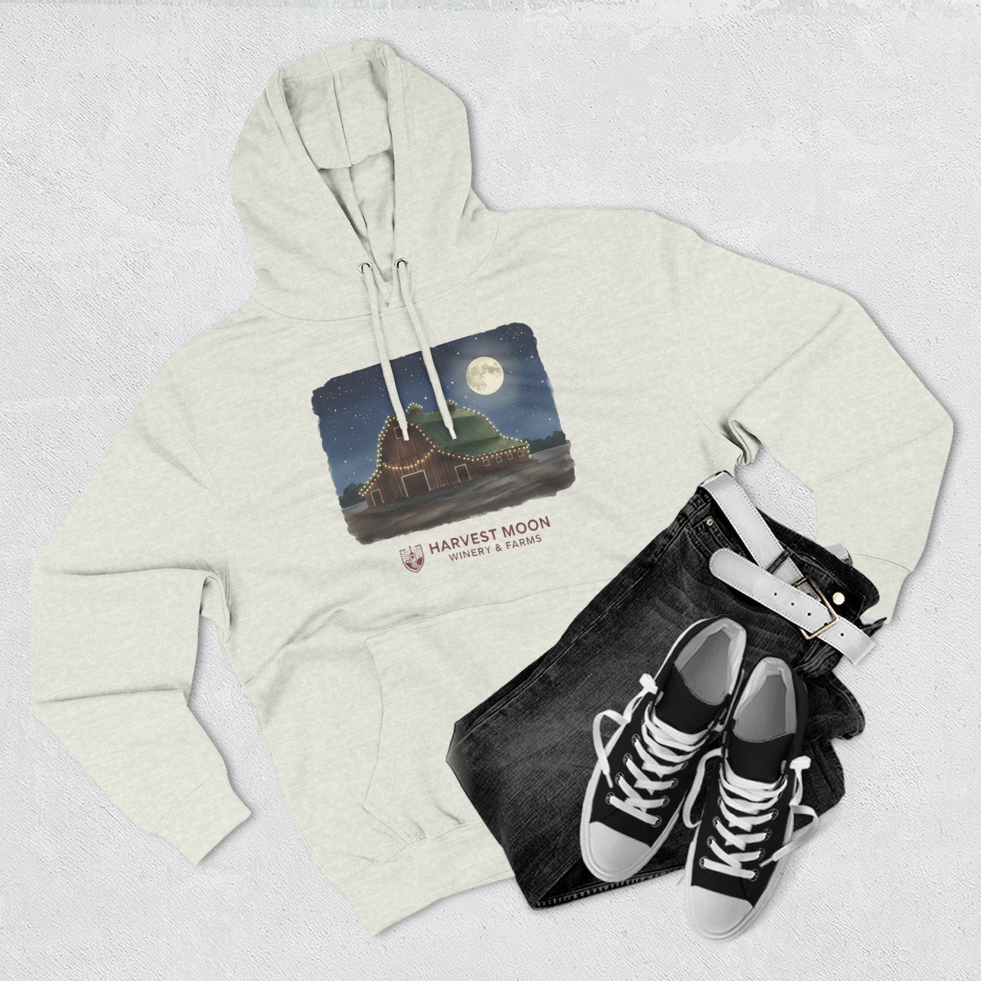 Harvest Moon Farm Hoodie — Vintage Barn Under Full Moon Fleece Pullover