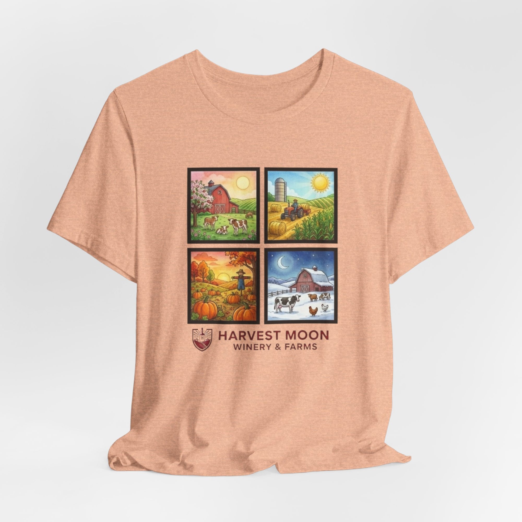 Harvest Moon Four Seasons Graphic Tee — 'Harvest Moon Winery & Farms' Vintage Farm Scene T-Shirt