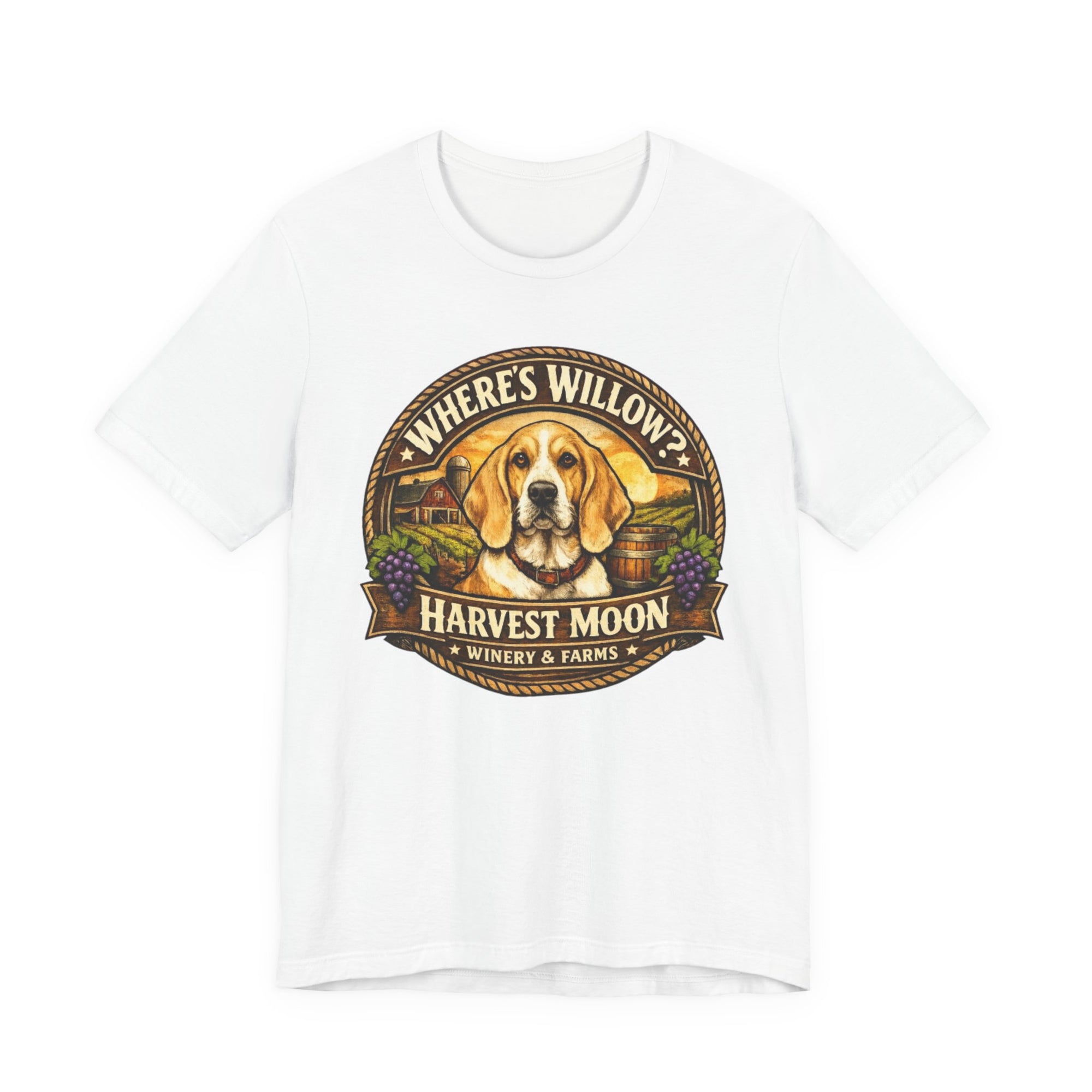 Willow Dog Winery T‑Shirt — "Where's Willow?" Harvest Moon Vineyard Tee
