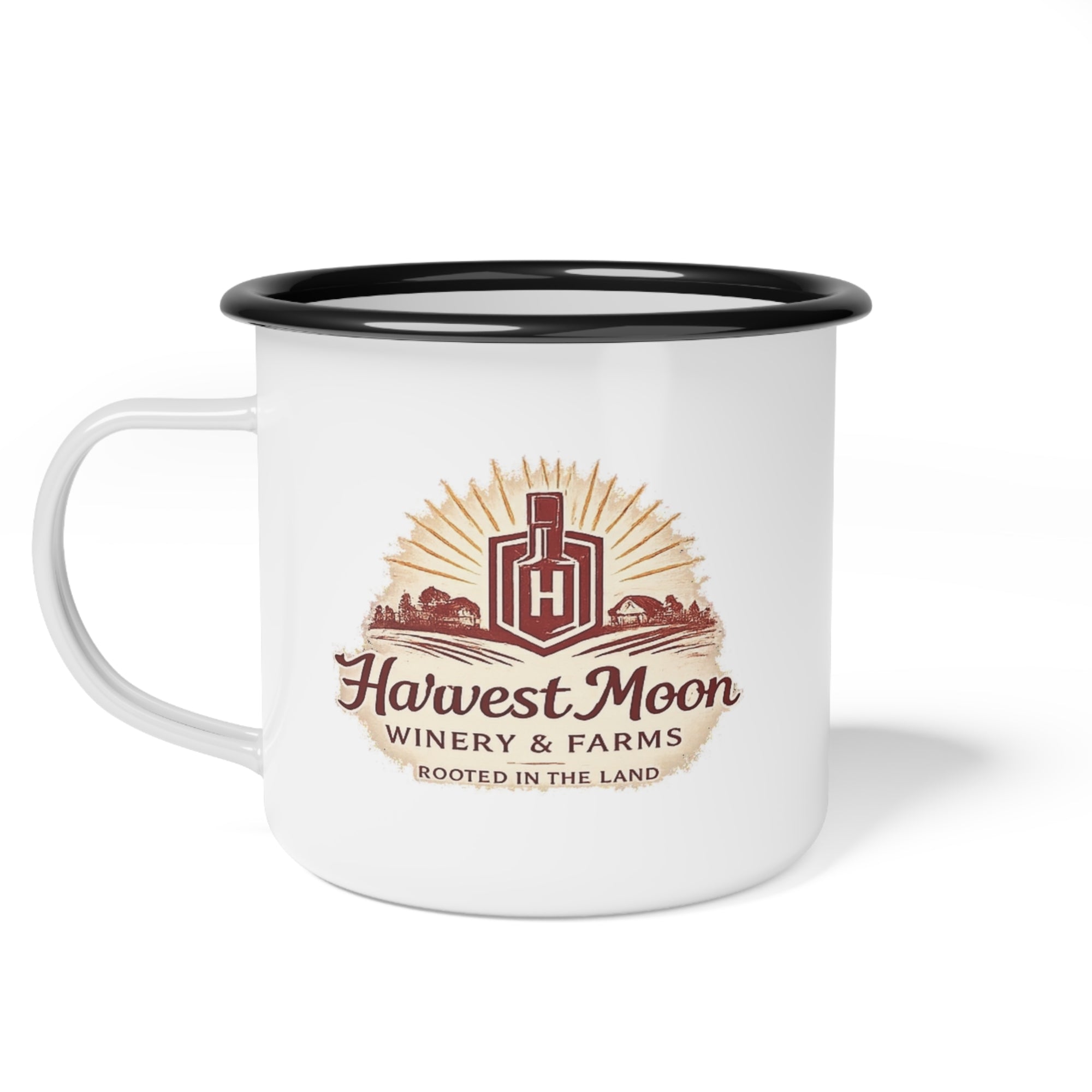 Harvest Moon Winery Enamel Camp Cup — Retro Farm Logo Coffee Mug