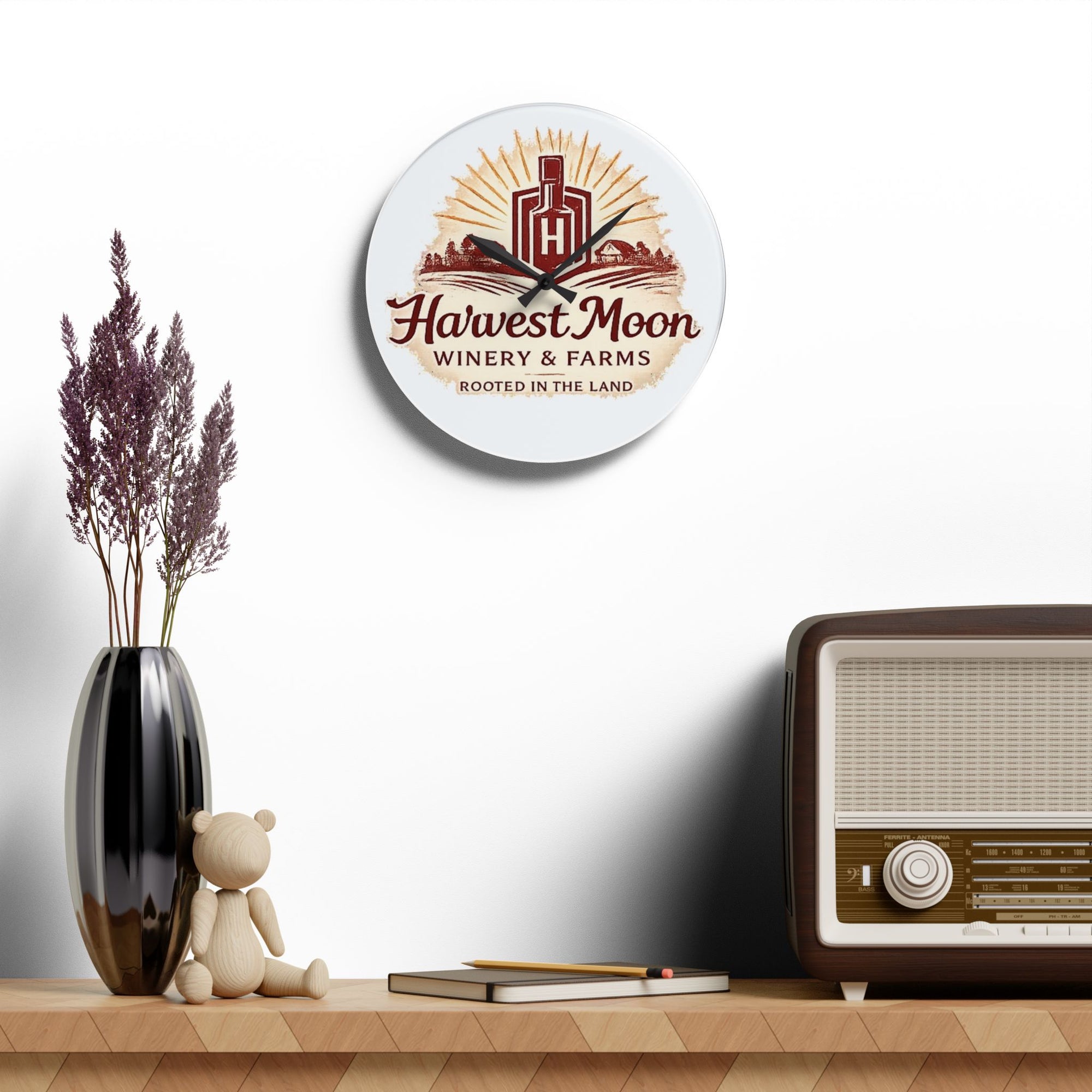 HMWF Wall Clock — Harvest Moon Winery & Farms Vintage Acrylic Logo Clock