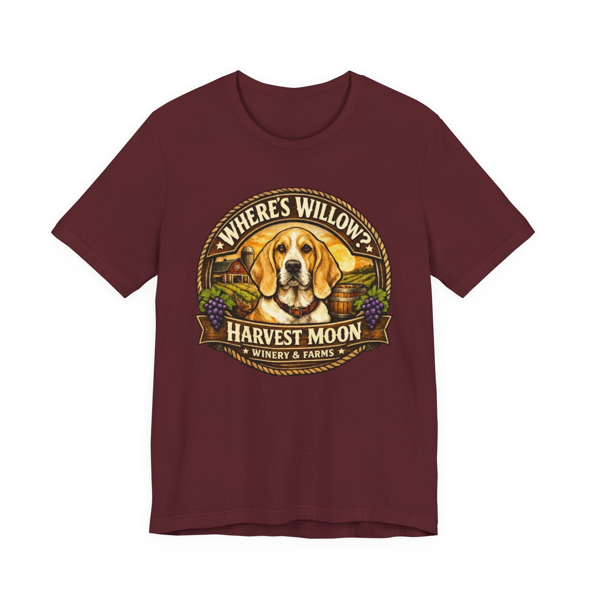 Willow Dog Winery T‑Shirt — "Where's Willow?" Harvest Moon Vineyard Tee