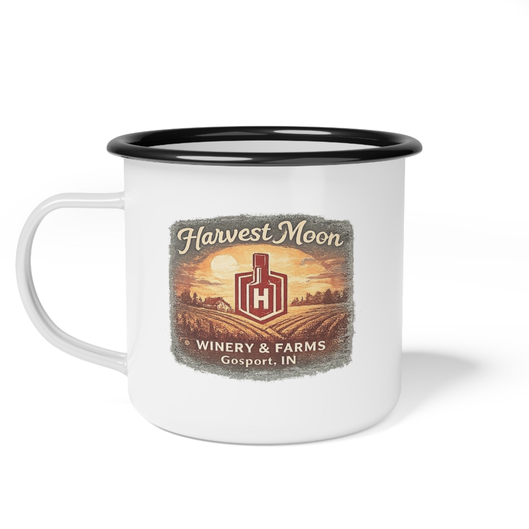 Harvest Moon Winery Enamel Camp Cup — Harvest Farm Logo Coffee Mug