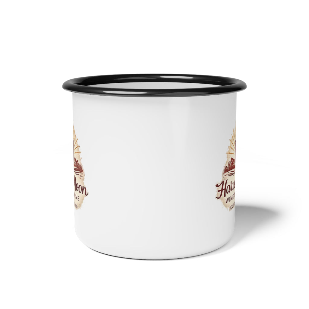 Harvest Moon Winery Enamel Camp Cup — Retro Farm Logo Coffee Mug