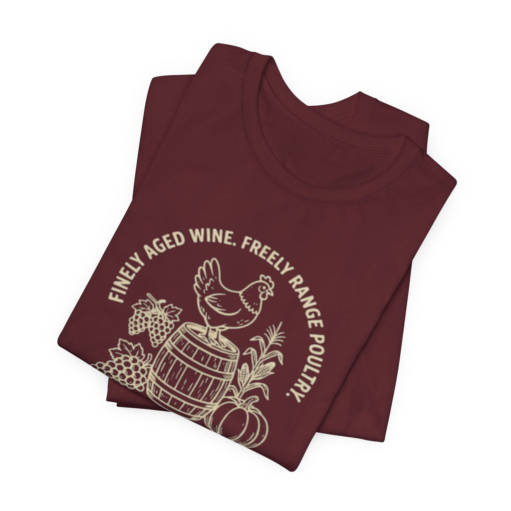 Chicken Wine Barrel T‑Shirt — Rustic Farmhouse Vineyard Tee