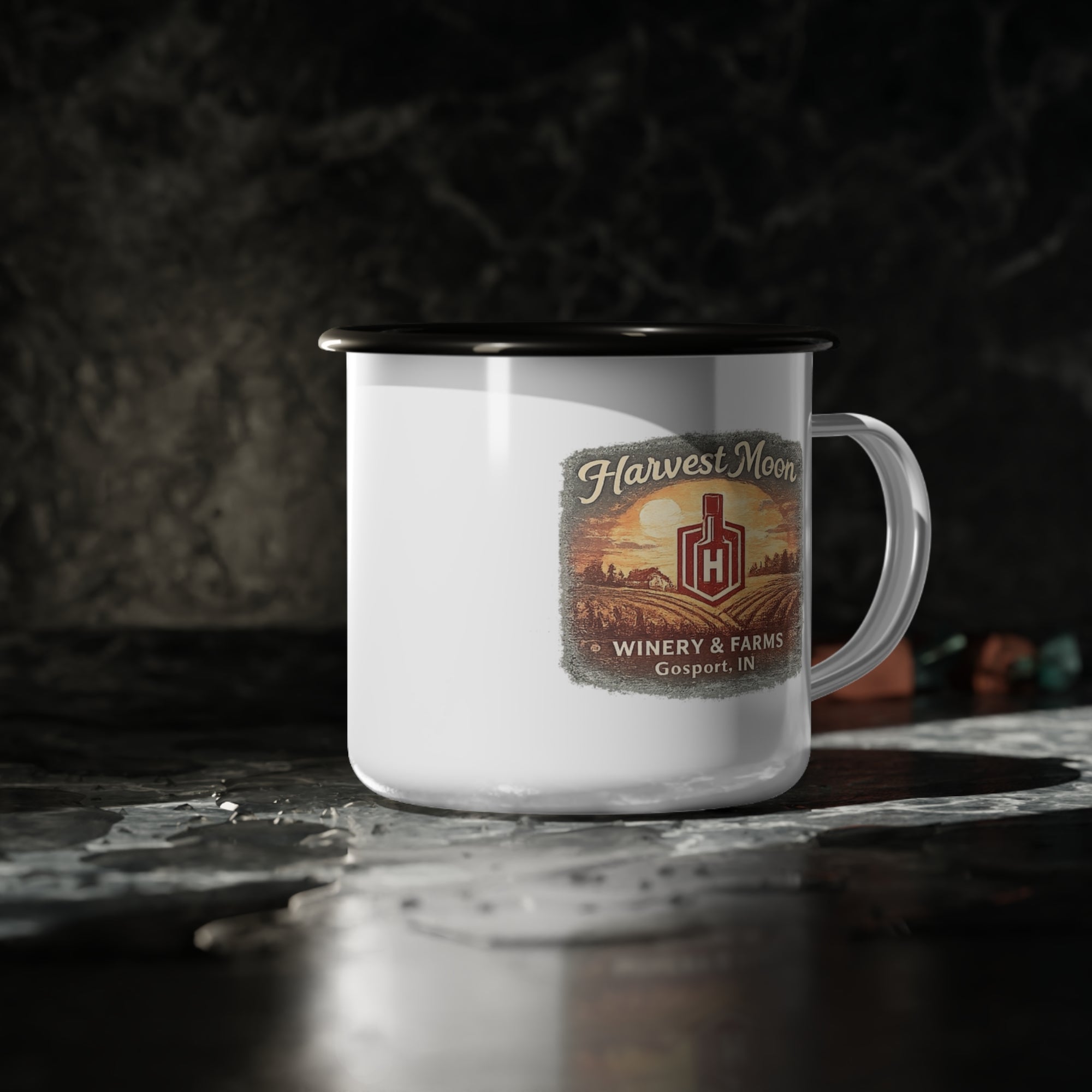 Harvest Moon Winery Enamel Camp Cup — Harvest Farm Logo Coffee Mug
