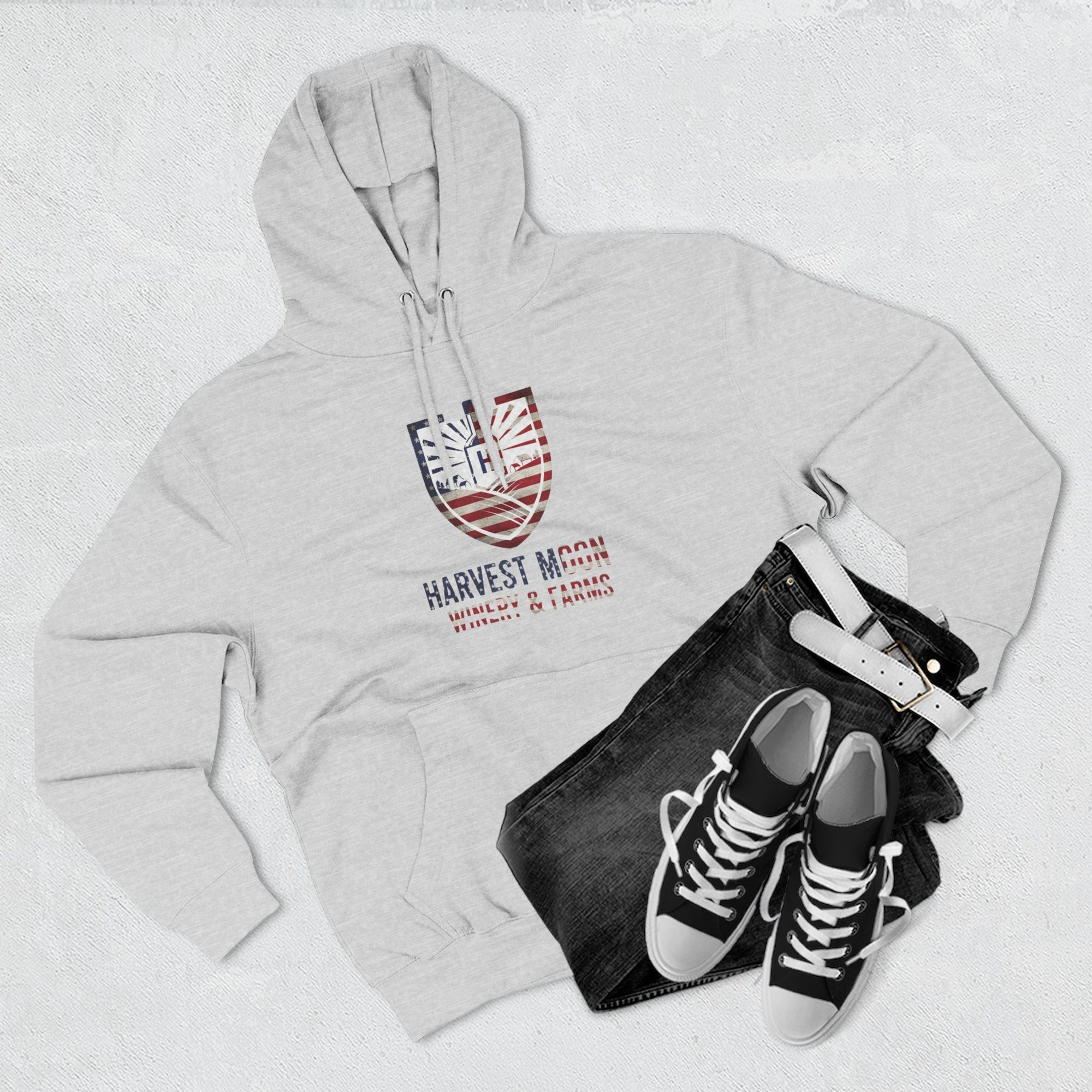 Harvest Moon Farm Logo Hoodie — Americana Shield Graphic Pullover