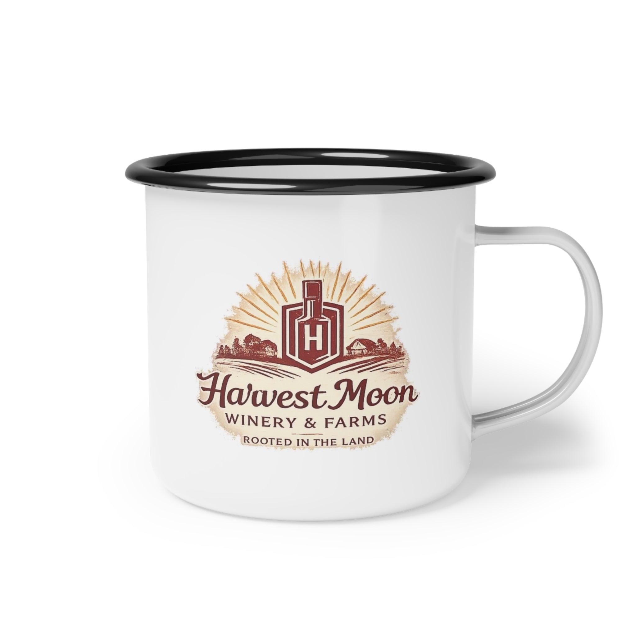 Harvest Moon Winery Enamel Camp Cup — Retro Farm Logo Coffee Mug