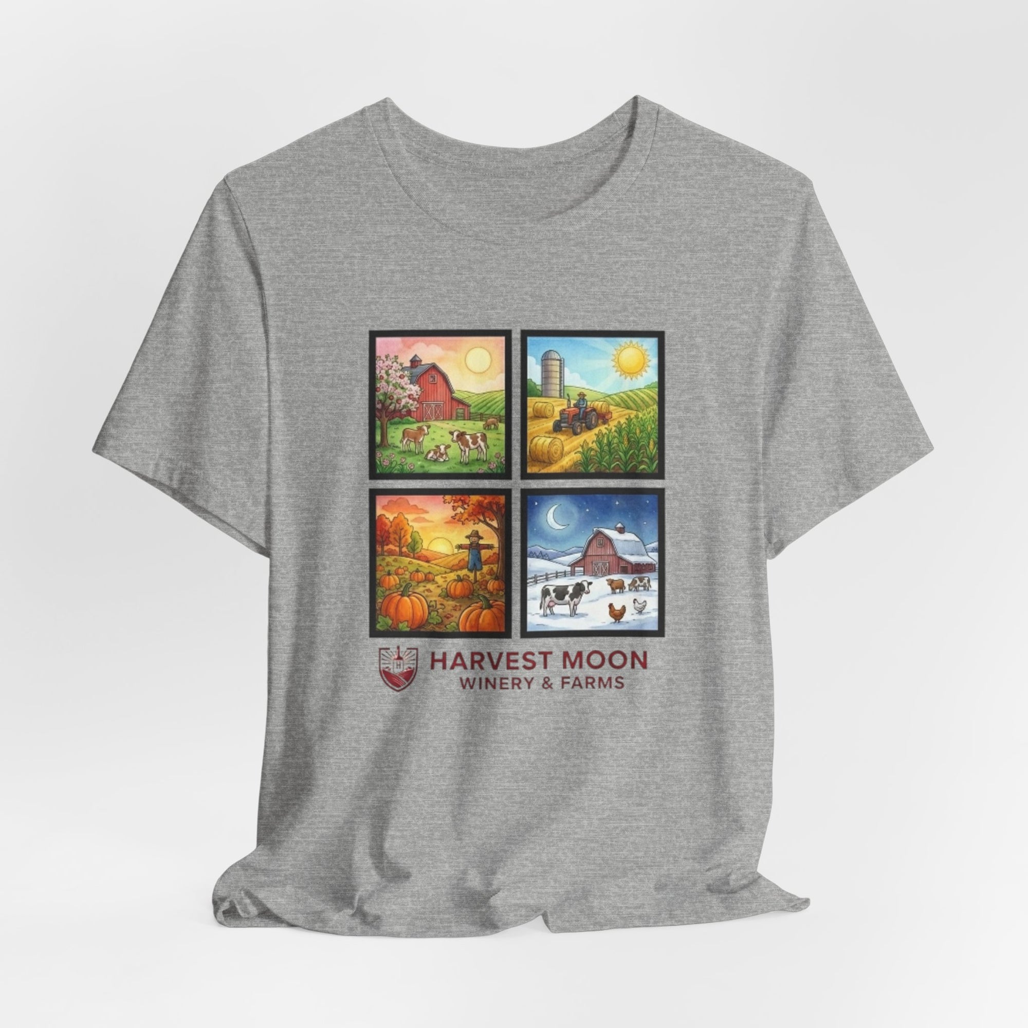 Harvest Moon Four Seasons Graphic Tee — 'Harvest Moon Winery & Farms' Vintage Farm Scene T-Shirt