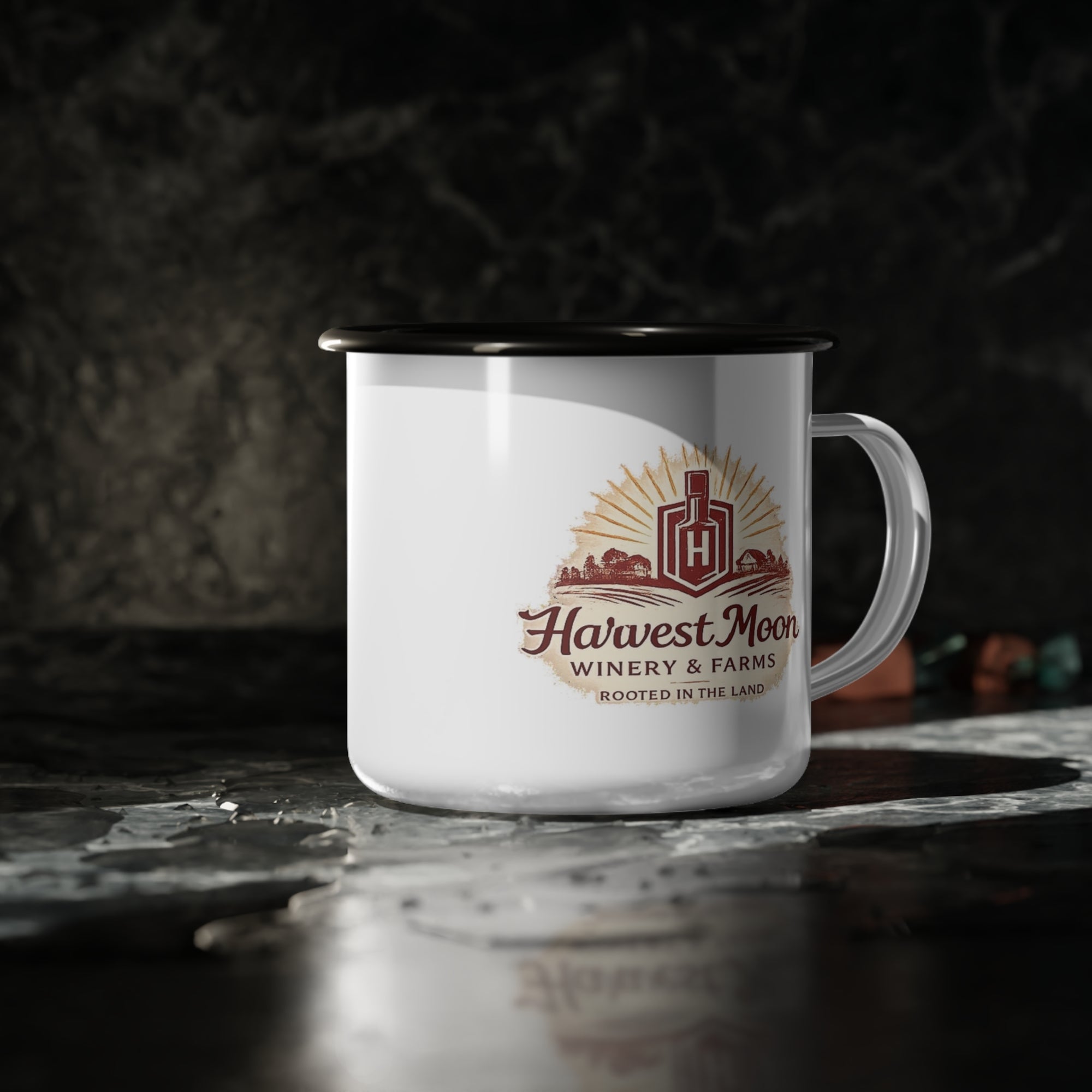 Harvest Moon Winery Enamel Camp Cup — Retro Farm Logo Coffee Mug