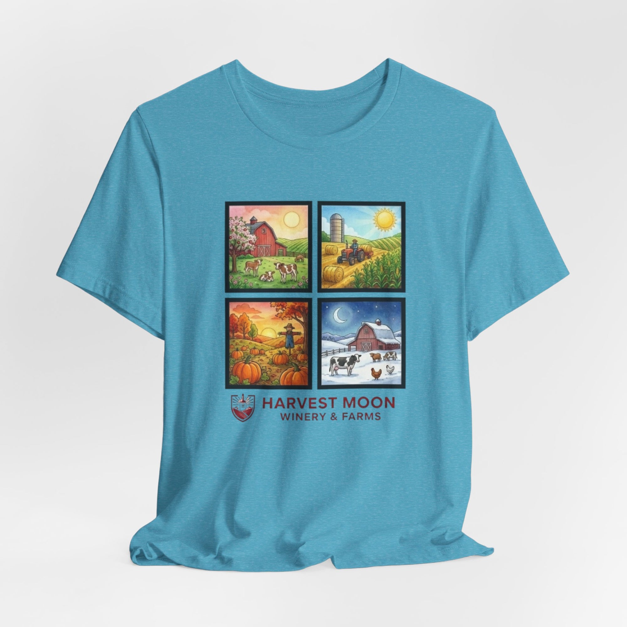 Harvest Moon Four Seasons Graphic Tee — 'Harvest Moon Winery & Farms' Vintage Farm Scene T-Shirt