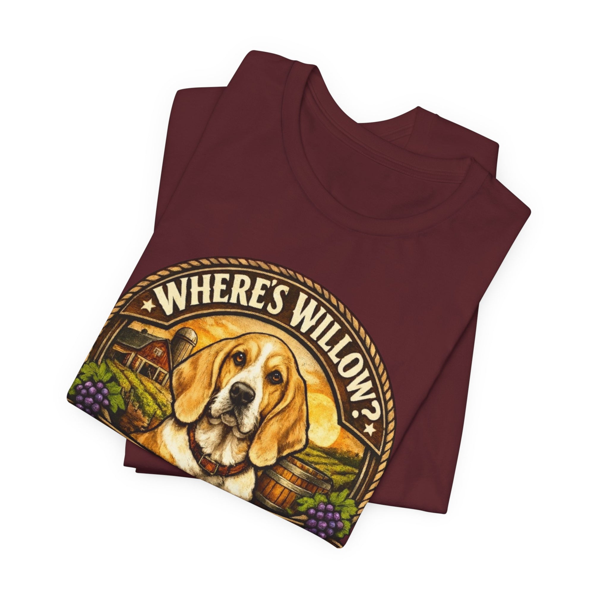 Willow Dog Winery T‑Shirt — "Where's Willow?" Harvest Moon Vineyard Tee