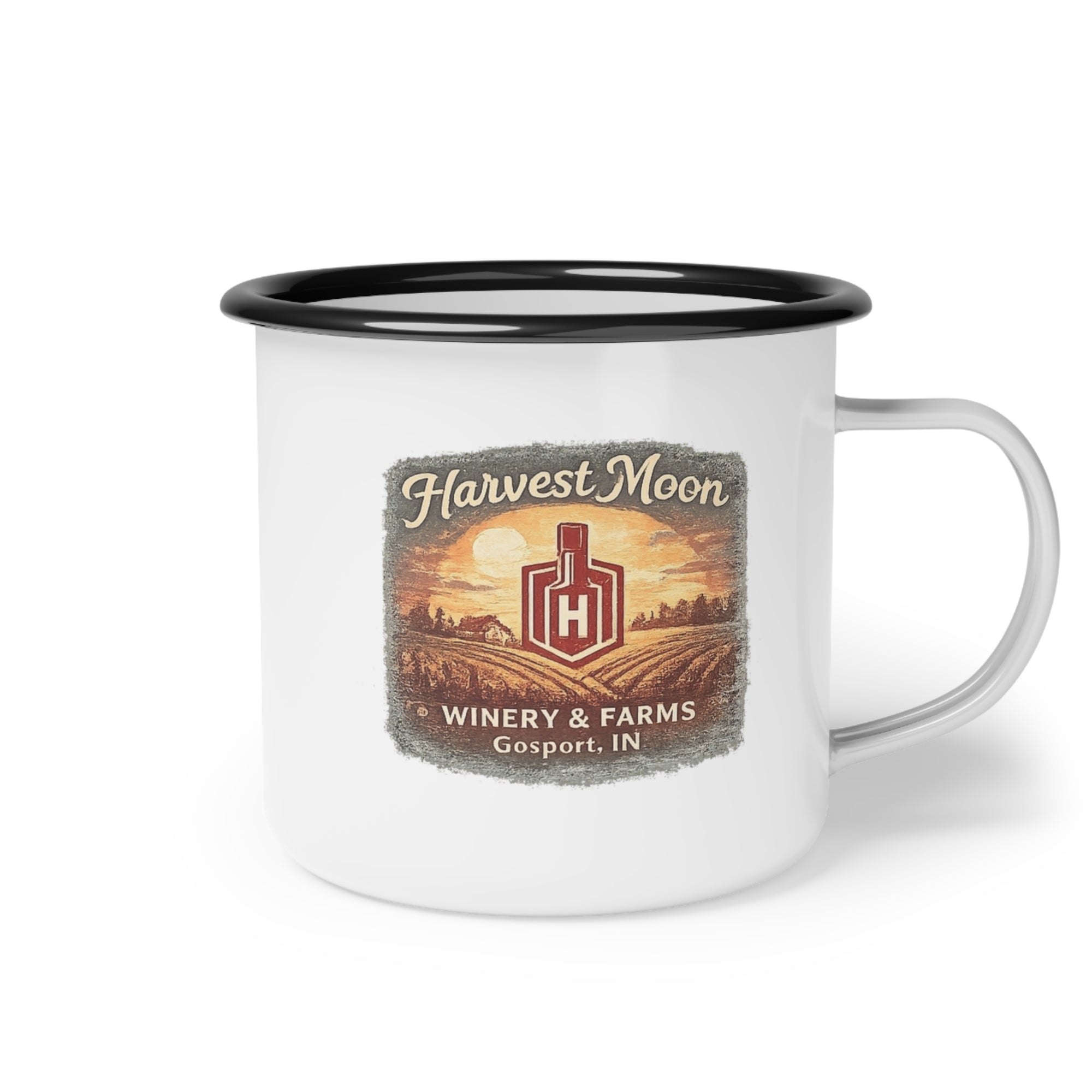 Harvest Moon Winery Enamel Camp Cup — Harvest Farm Logo Coffee Mug