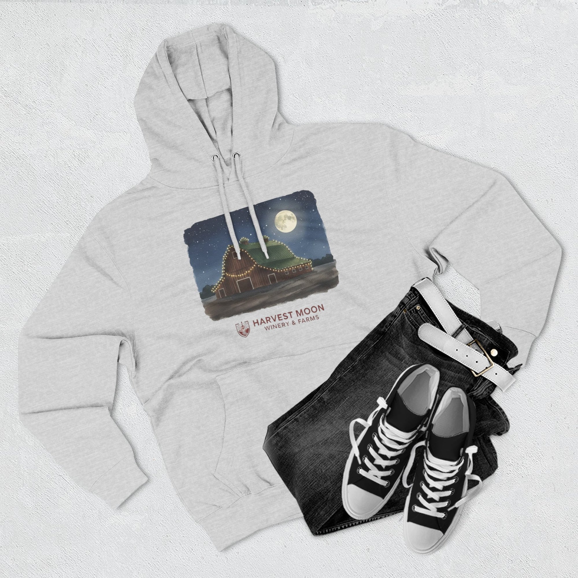 Harvest Moon Farm Hoodie — Vintage Barn Under Full Moon Fleece Pullover