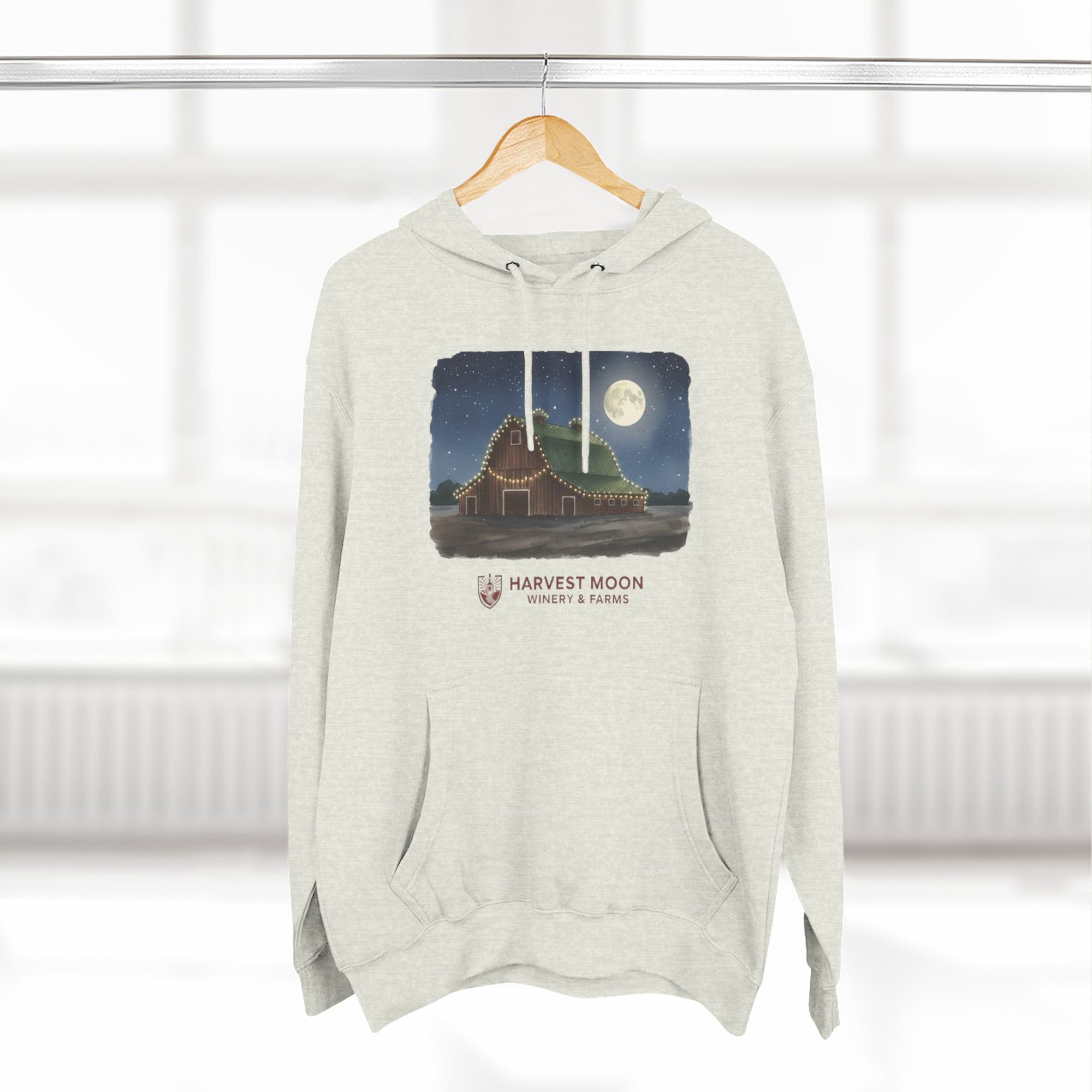 Harvest Moon Farm Hoodie — Vintage Barn Under Full Moon Fleece Pullover
