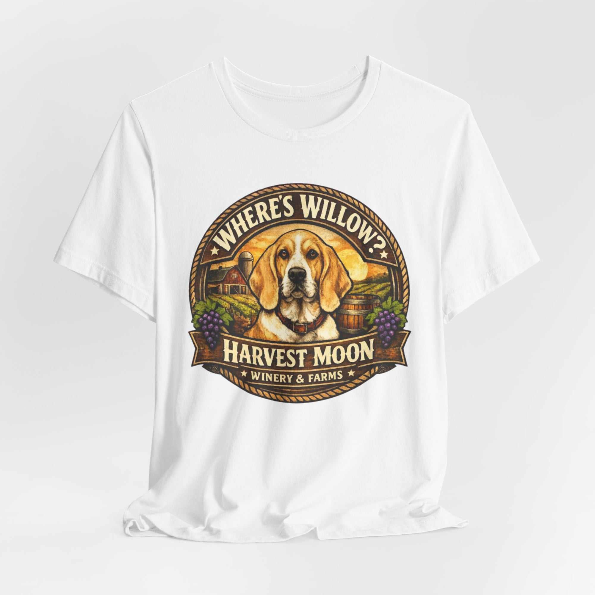 Willow Dog Winery T‑Shirt — "Where's Willow?" Harvest Moon Vineyard Tee