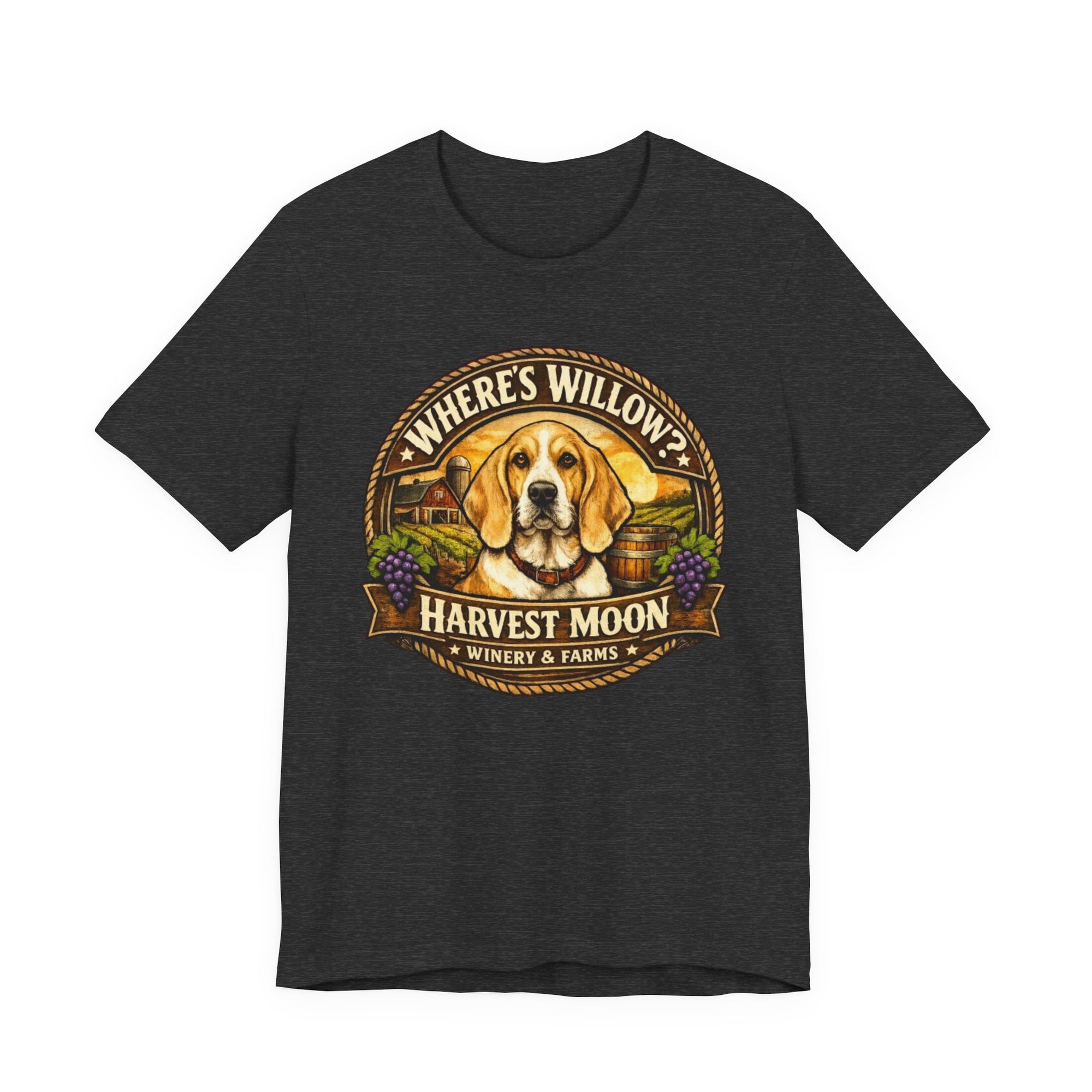 Willow Dog Winery T‑Shirt — "Where's Willow?" Harvest Moon Vineyard Tee