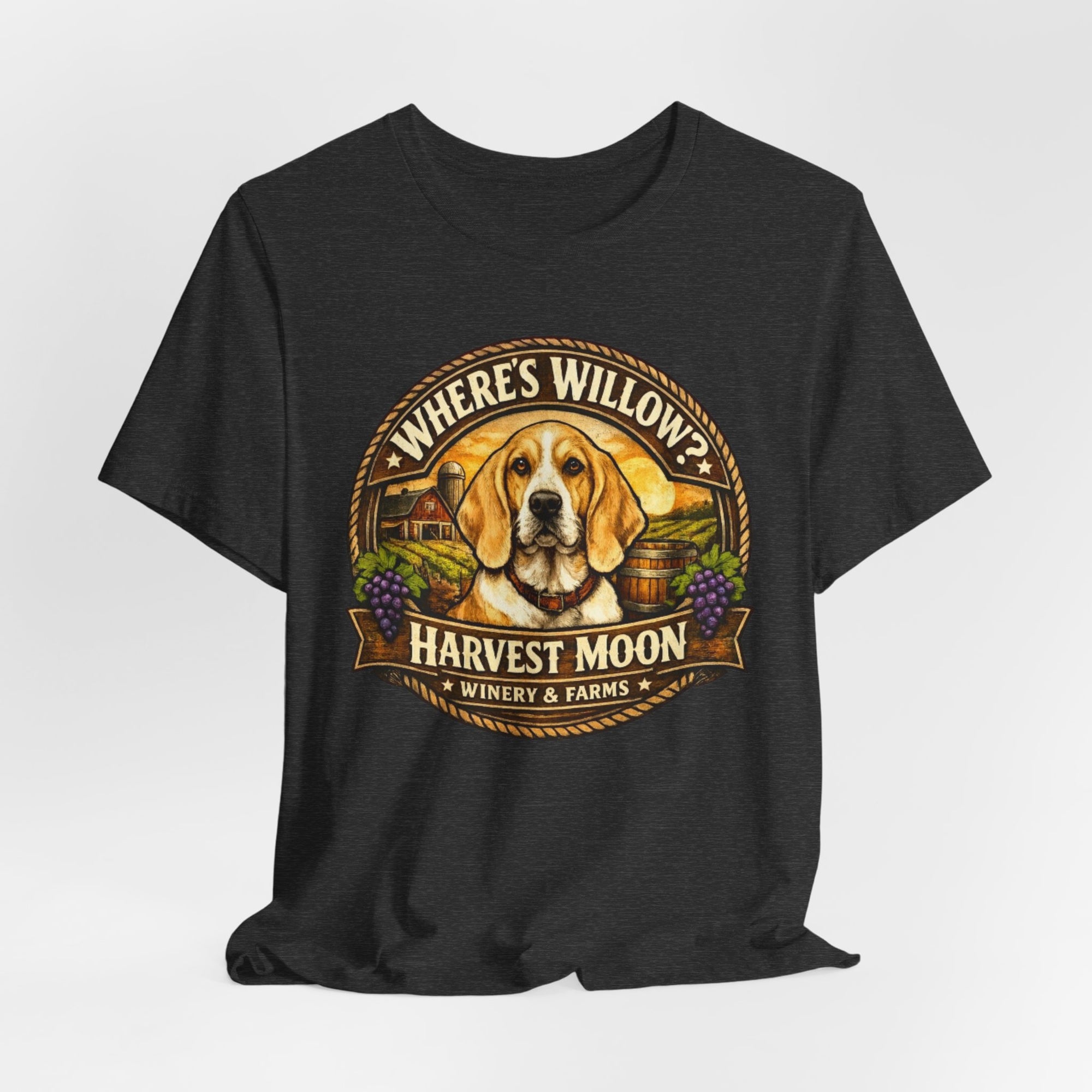 Willow Dog Winery T‑Shirt — "Where's Willow?" Harvest Moon Vineyard Tee