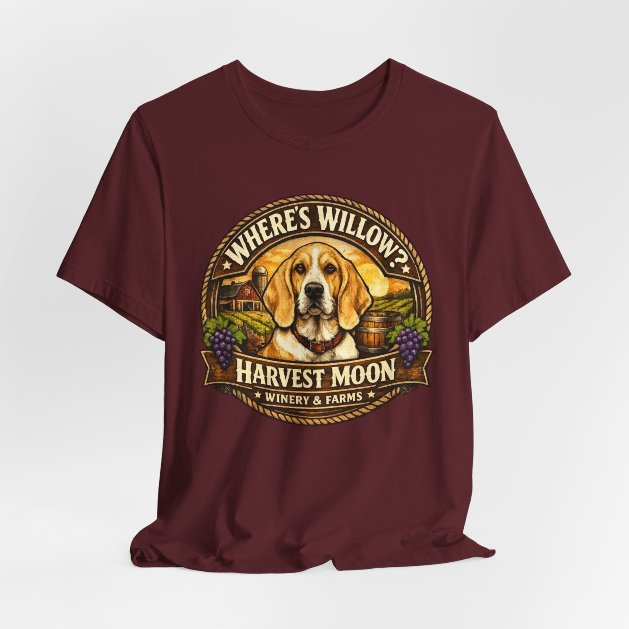 Willow Dog Winery T‑Shirt — "Where's Willow?" Harvest Moon Vineyard Tee