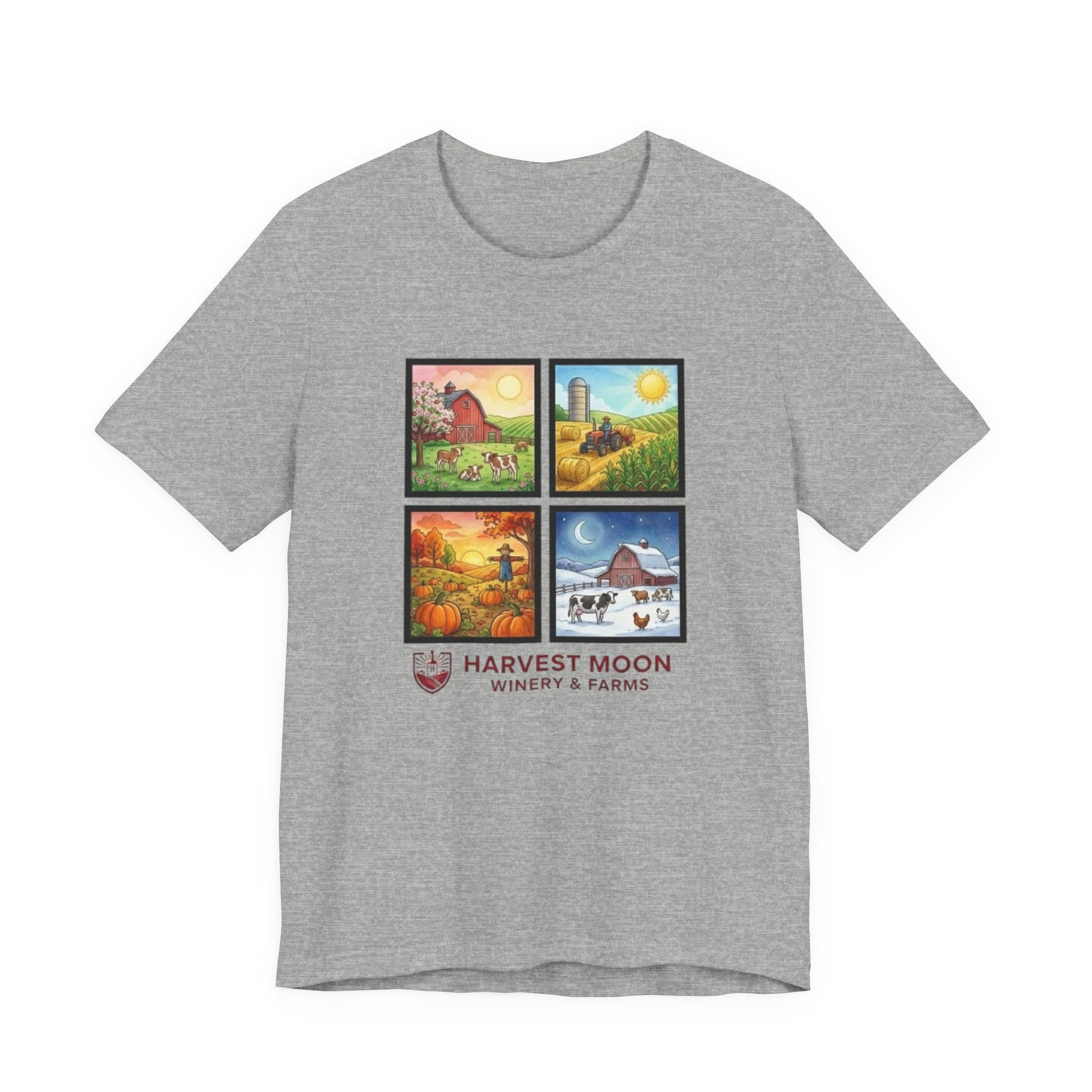 Harvest Moon Four Seasons Graphic Tee — 'Harvest Moon Winery & Farms' Vintage Farm Scene T-Shirt