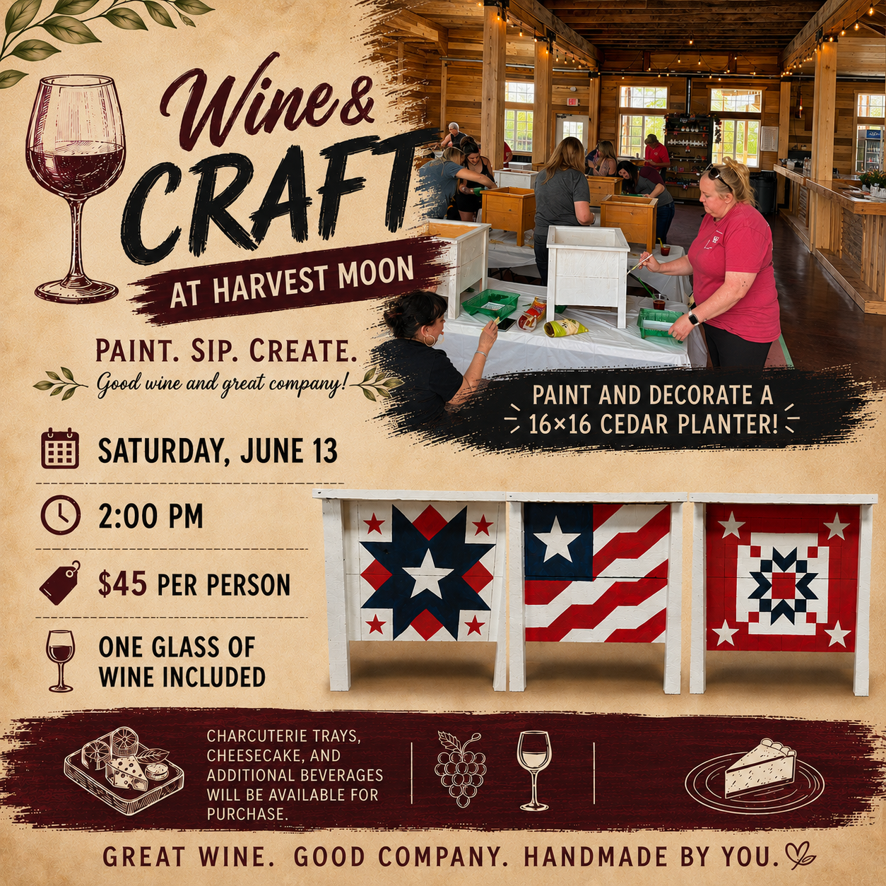 Wine and Craft – Patriotic Cedar Planter Workshop (June 13)